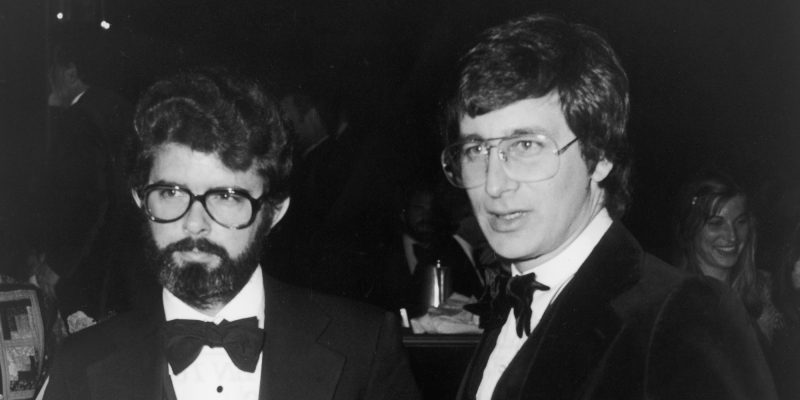American directors George Lucas (L) and Steven Spielberg hold their Best Director nomination plaques at the Directors Guild of America annual awards dinner held at the Beverly Hilton, Bevery Hills, California, March 11, 1978. Lucas was nominated for his film, 'Star Wars' and Spielberg for his film, 'Close Encounters of The Third Kind,' though neither won. Photo by Frank Edwards/Fotos International/Getty Images)