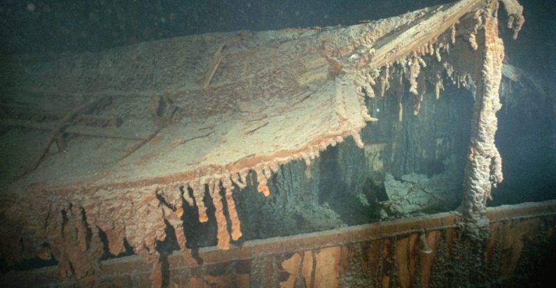 A section of the boat deck that has collapsed onto the promenade deck below it.