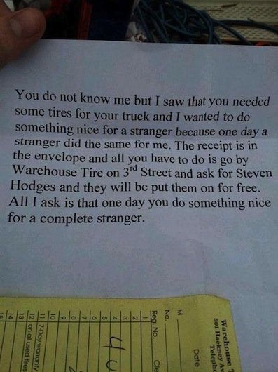 A note from a Samaritan who bought new tires for a driver in need.