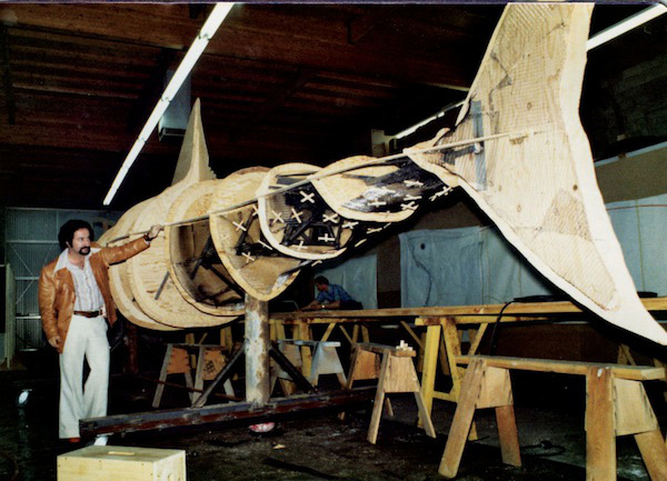 A plywood armature of the shark’s exterior is crafted