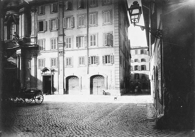 Vicolo del Mortaro before the opening of via del Tritone, with Oratorio dell’Angelo Custode on the left, 1888-1900.