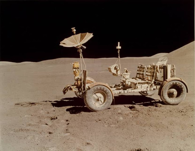 Astronaut Irwin with lunar roving vehicle, July 26, 1971