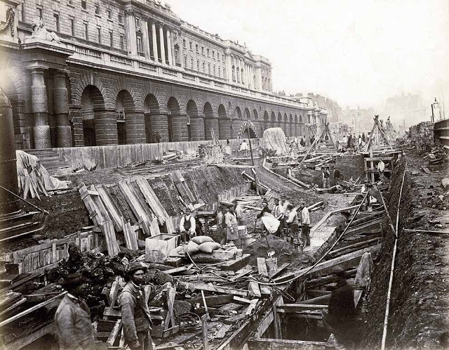 District Line construction outside Somerset House, 1869