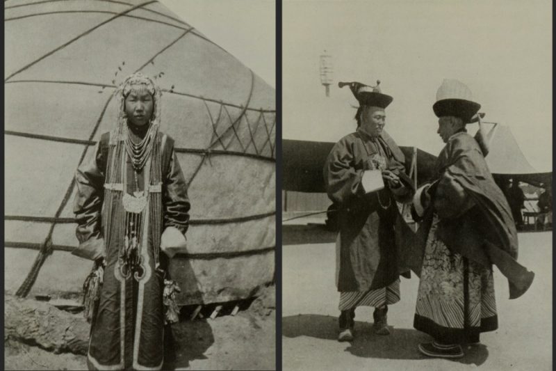 A Mongol bride (left) stands in front of a ger. A lama and a Mongolian prince (right) greet each other near a temple in the capital.