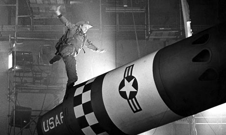 Actor Slim Pickens gets ready to ride a nuclear missile to oblivion in the climax of Stanley Kubrick’s Dr. Strangelove or How I Learned to Stop Worrying and Love the Bomb (1964).