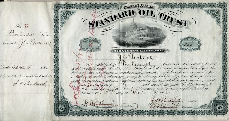 standard-oil-trust-low-serial-number-64-signed-by-john-d-rockefeller-henry-m-flagler-and-jabez-abel-bostwick-3-times-1882-13