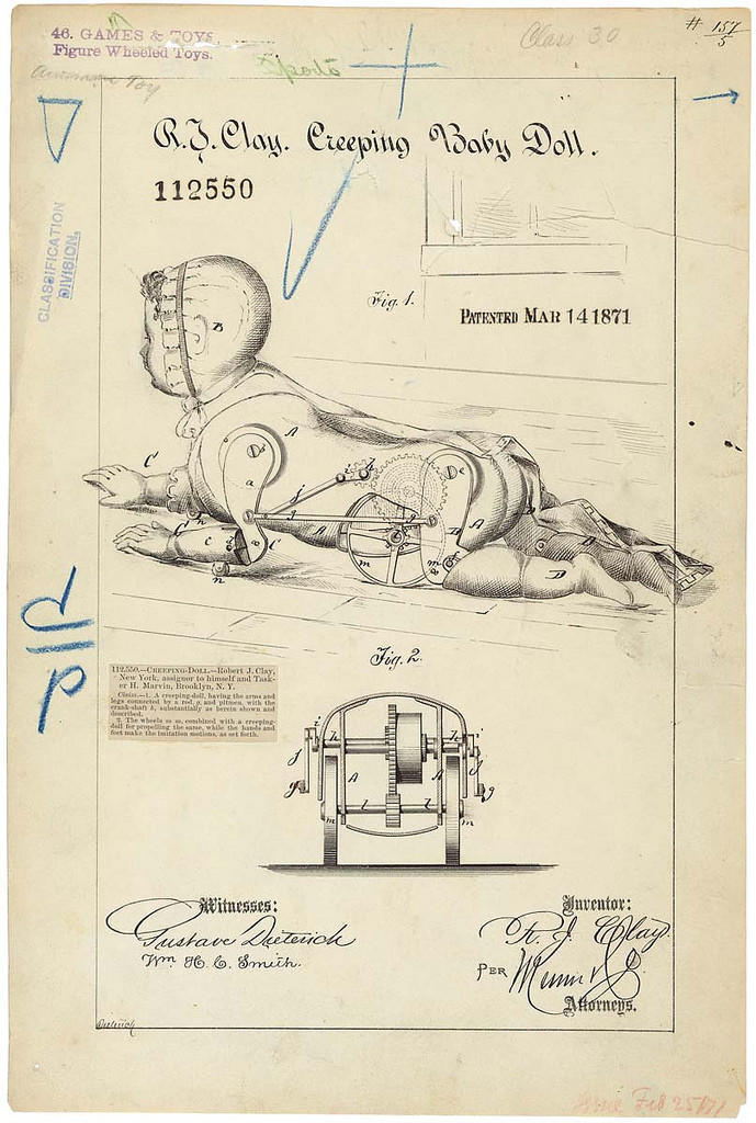 Creeping Baby Doll Patent Drawing by R.J. Clay March 14, 1871 