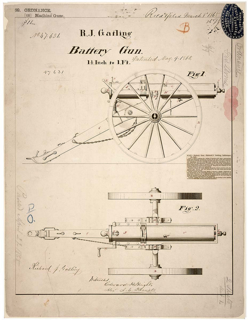 Battery Gun patent drawing by R.J. Gatling Taken on May 9, 1865
