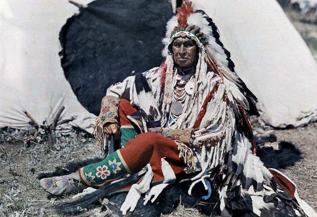 Indian chief, Crow Indian Reservation, Montana, photographer Edwin Wisherd, 1927.