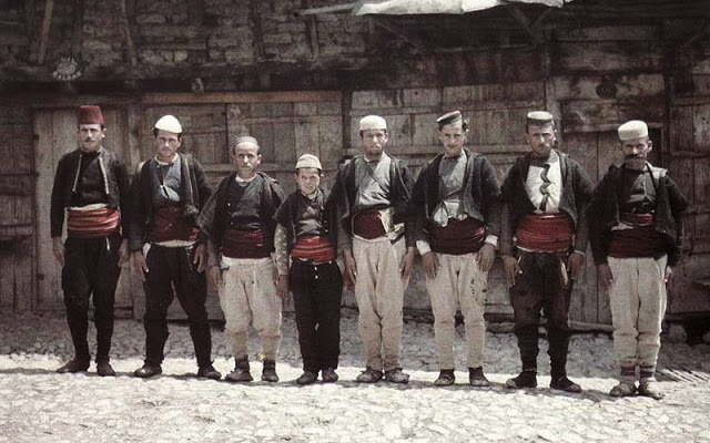 Macedonian men photographed by Auguste Léon in 1913.