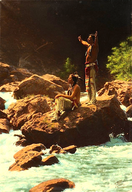 Piegan men giving prayer to the Thunderbird near a river in Montana. 1912. Photo by Roland W. Reed. Source - Denver Museum of Nature and Science.