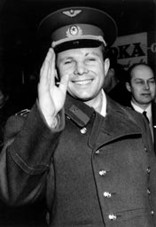 Yuri Gagarin saying hello to the press during a visit to Malmö, Sweden 1964.
