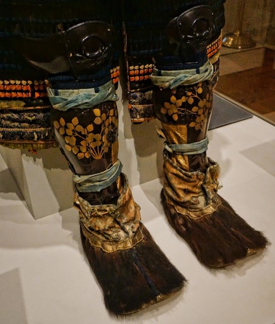 Closeup of the shin guards and footwear of the Yokohagidō Armor 18th century CE Japan.