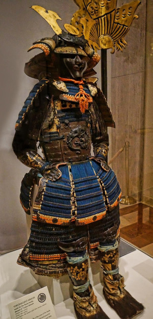 Yokohagidō Armor with shakudō cuirass crafted from an alloy of copper and gold depicting a coiled dragon Helmet 14th century CE Armor 18th century CE Japan.
