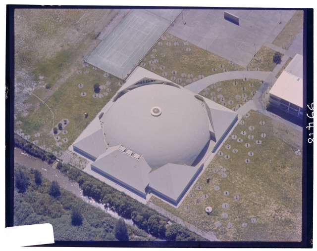 Aerial photograph of Binishell at Pittwater High School, Pittwater, NSW, February 1978 - the dome collapsed in 1986.