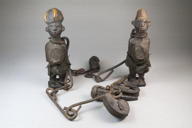 Chained Nkisi figures, from the collection of the Brooklyn Museum. source