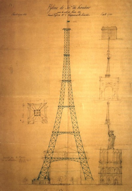First drawing of the Eiffel Tower by Maurice Koechlin including size comparison with other Parisian landmarks such as Notre Dame de Paris, the Statue of Liberty and the Vendôme Column.Source