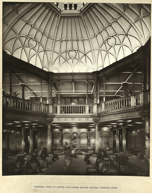 General view of upper and lower dining saloon. Showing dome
