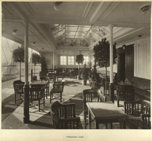 Verandah café. It was situated on the boat deck where passengers could sit and drink their coffee in the open air - looking out to sea