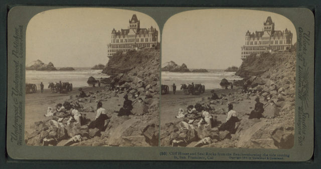 Cliff House and Seal Rocks, from the sea beach, showing the tide coming in, San Francisco, Cal, from Robert N. Dennis collection of stereoscopic views 2 Source