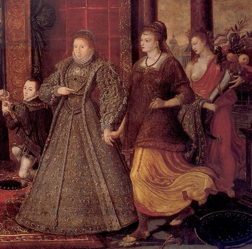 Elizabeth ushers in Peace and Plenty. Detail from The Family of Henry VIII An Allegory of the Tudor Succession.Source