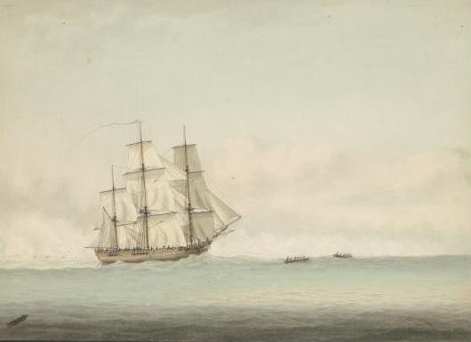 HMS Endeavour off the coast of New Holland, by Samuel Atkins c.1794.Source