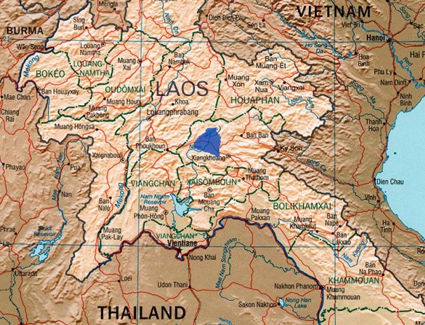 Location of Plain of Jars and Xieng Khouang plain (blue shading) Source