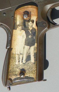During WWII, soldiers were known to take precious family photos (and Pinup Girl photos) and put them under clear grips on their 1911 pistols - called Sweetheart Grips. source