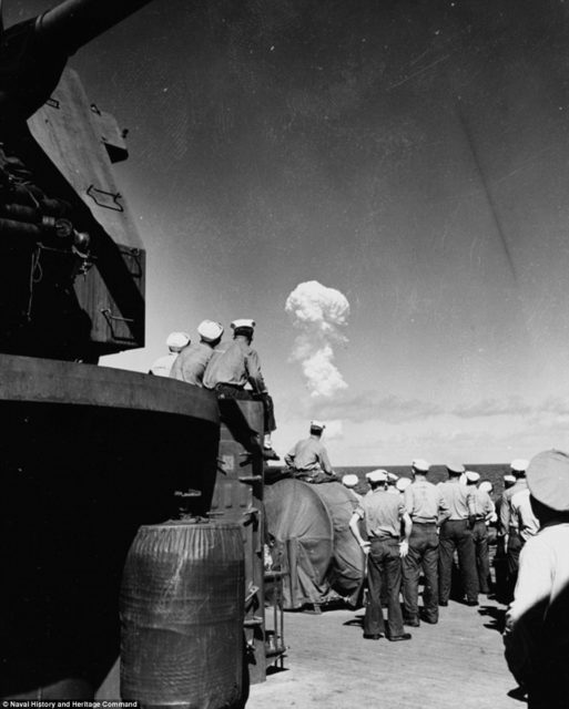 The newly declassified images show the World War II aircraft carrier which was one of nearly a hundred ships used as targets in the first tests of the atomic bomb at Bikini Atoll in 1946. Source:Naval History & Heritage Command