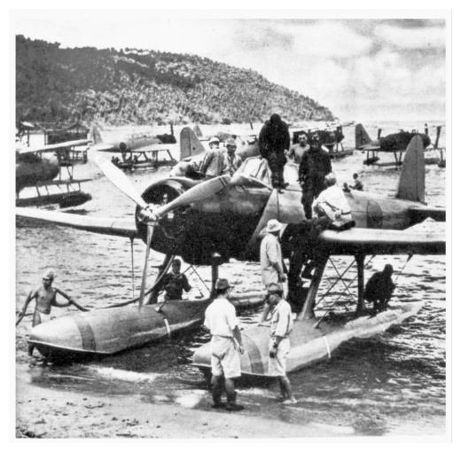 An Imperial Japanese Navy Aichi E13A seaplane, most likely from the seaplane tender Kamikawa Maru. Location of photo is unknown but may be at Deboyne Island in May 1942 during the Battle of the Coral Sea