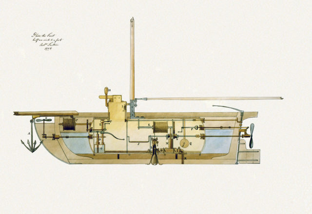 A cross-section of Fulton's 1806 submarine design. Source