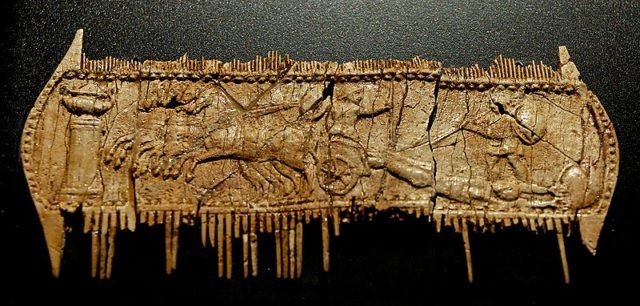 Achilles dragging Hector's corpse through the Greek camp. Bone comb from tomb 5, via Frascati in Oria. Source