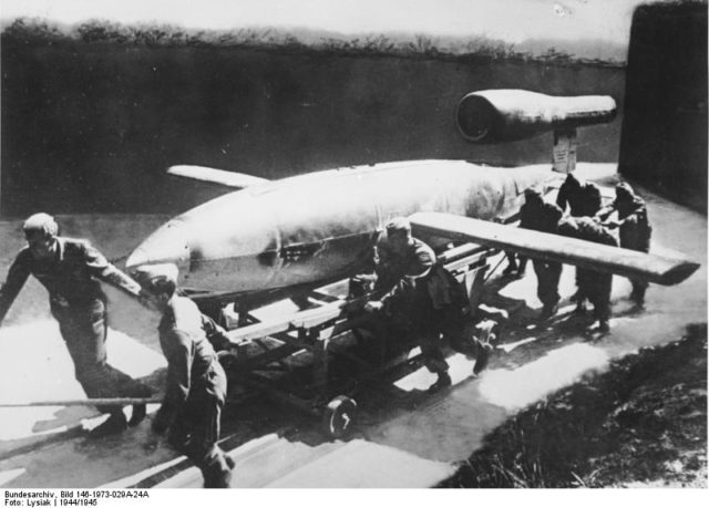 German crew rolling out a V1 to the launch site. Souce