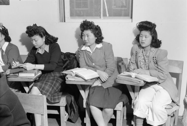 Kiyo Yoshida, Lillian Wakatsuki and Yoshiko Yamasaki attend a high school biology class.