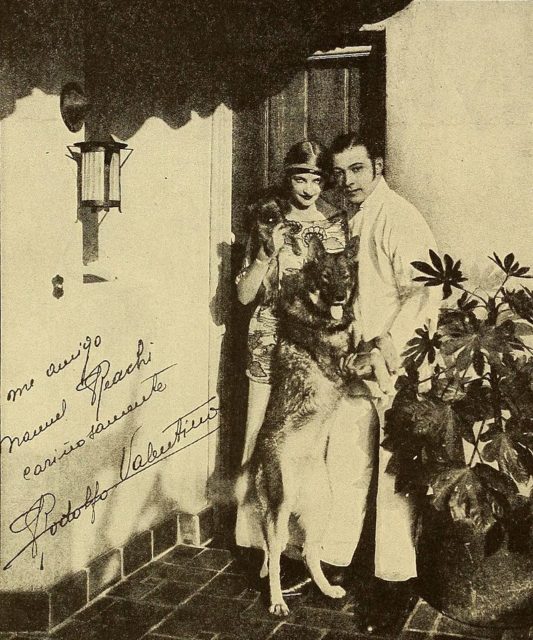 With Natacha Rambova and his dog soon after their marriage. Taken at their Whitley Heights home. Source