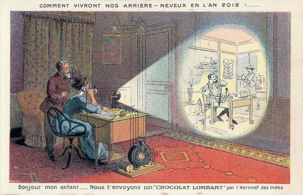 Another trading card showing the device. The caption reads: “How our great grandchildren will live in the year 2012. Hello my child. We send you your Chocolate Lombard by the aircraft to India.” Source