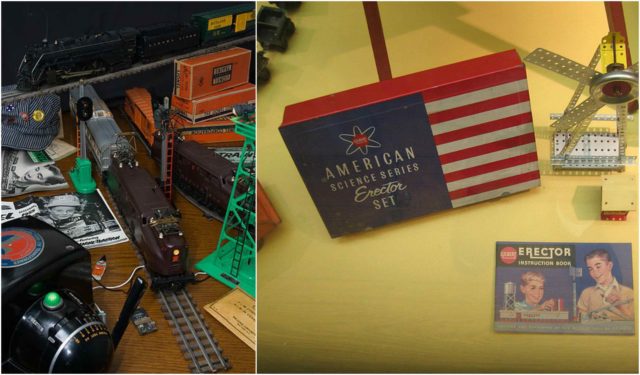 Left photo - Post-war Lionel trains. Source, Right photo - Erector set in the Museum of the City of New York. Source