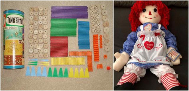 Left photo - Tinkertoy set. Source, Right photo - A Raggedy Ann 100 year edition doll. Source