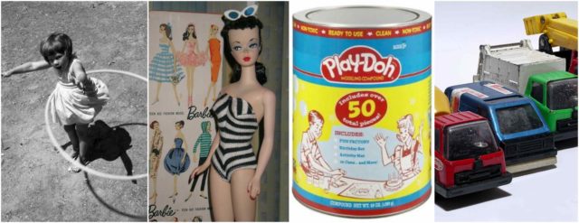 First photo on the left - Girl twirling a Hula hoop, 1958. Source, Second photo - The first Barbie doll -introduced in both blonde and brunette in March 1959. Source, Third photo - Play Doh modelling clay. Source, Last photo on the right - Tonka Toys. Source