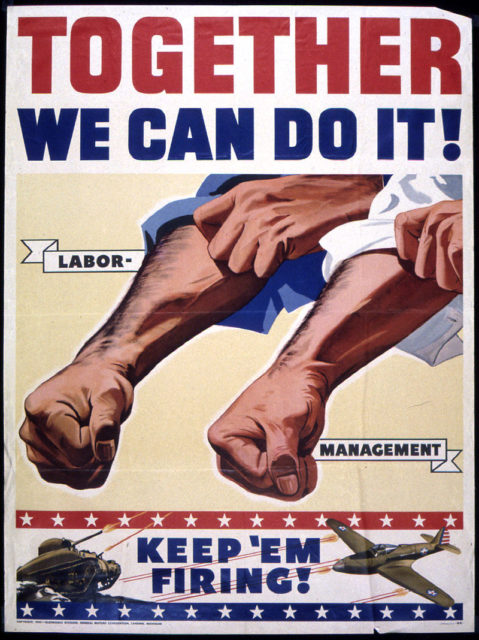 A propaganda poster from 1942 encouraging unity between labor and management of GM