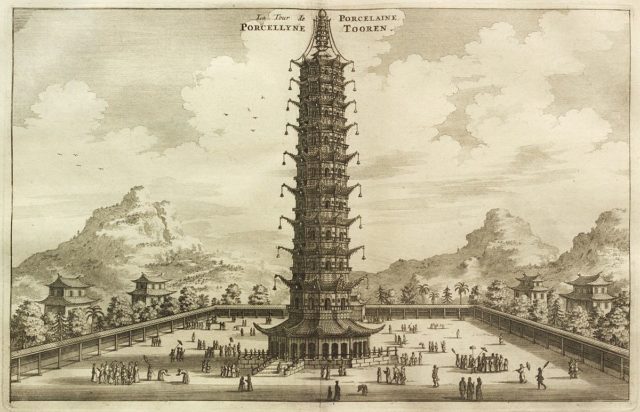 Early European illustration of the Porcelain Tower, from An embassy from the East-India Company (1665) by Johan Nieuhof. Source