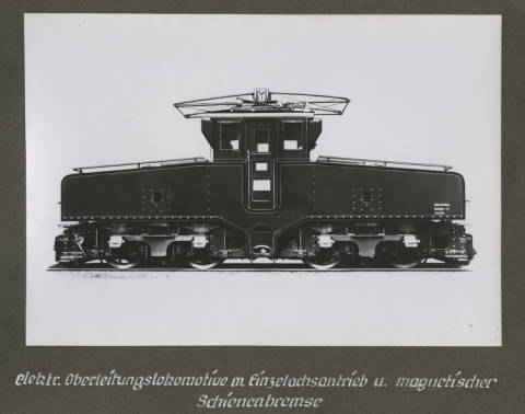 Electric overhead line locomotive with single axle drive and magnetic track brakes