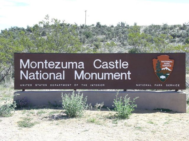 Entrance sign of the Montezuma Castle National Monument, which is located near Camp Verde, Arizona. Source