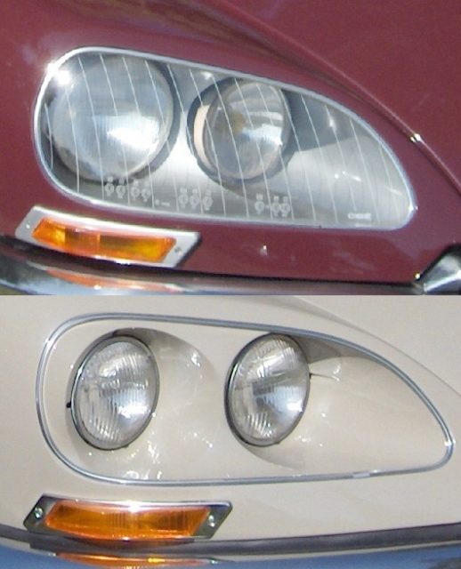 European (top) and US (bottom) headlamp configurations on a Citroën DS Source