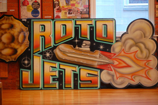 Even though the park officially closed in 1995, it reopened briefly in 1996. Sign for the Roto Jets ride. Source