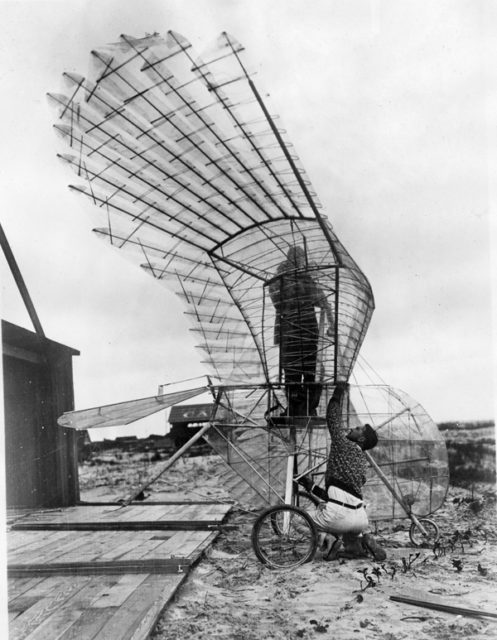 Inventor George R. White tests his ornithopter at St. Augustine Beach in 1928. Source