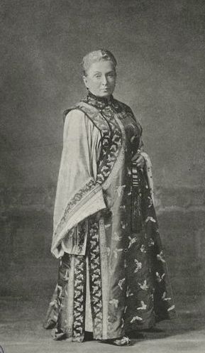 Isabella Bird wearing Manchurian clothing from a journey through China.