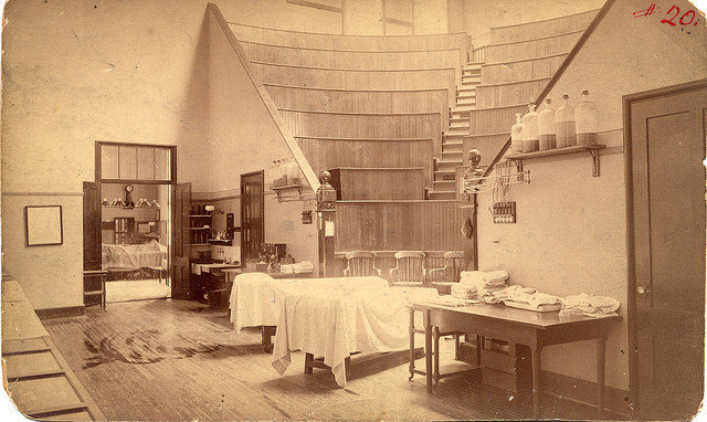 Operating room in dome of first administration building, 1889