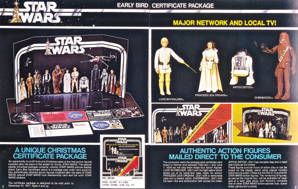 The Star Wars "Early Bird Certificate" toyline from a 1977 Kenner Products catalog