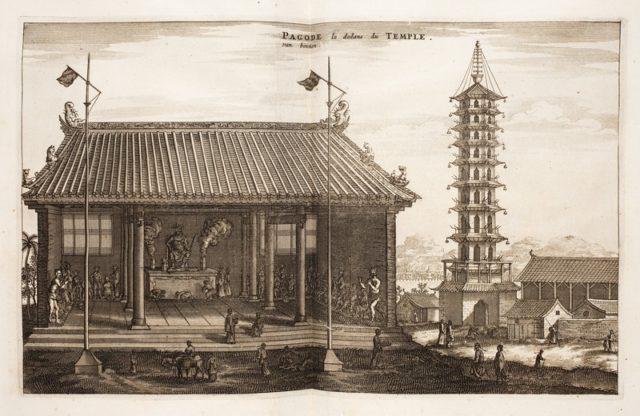 This tower was 260 feet high octagonal (with eight corners) in shape with 97 feet in diameter. At the time of its construction it was the largest building in China. Source